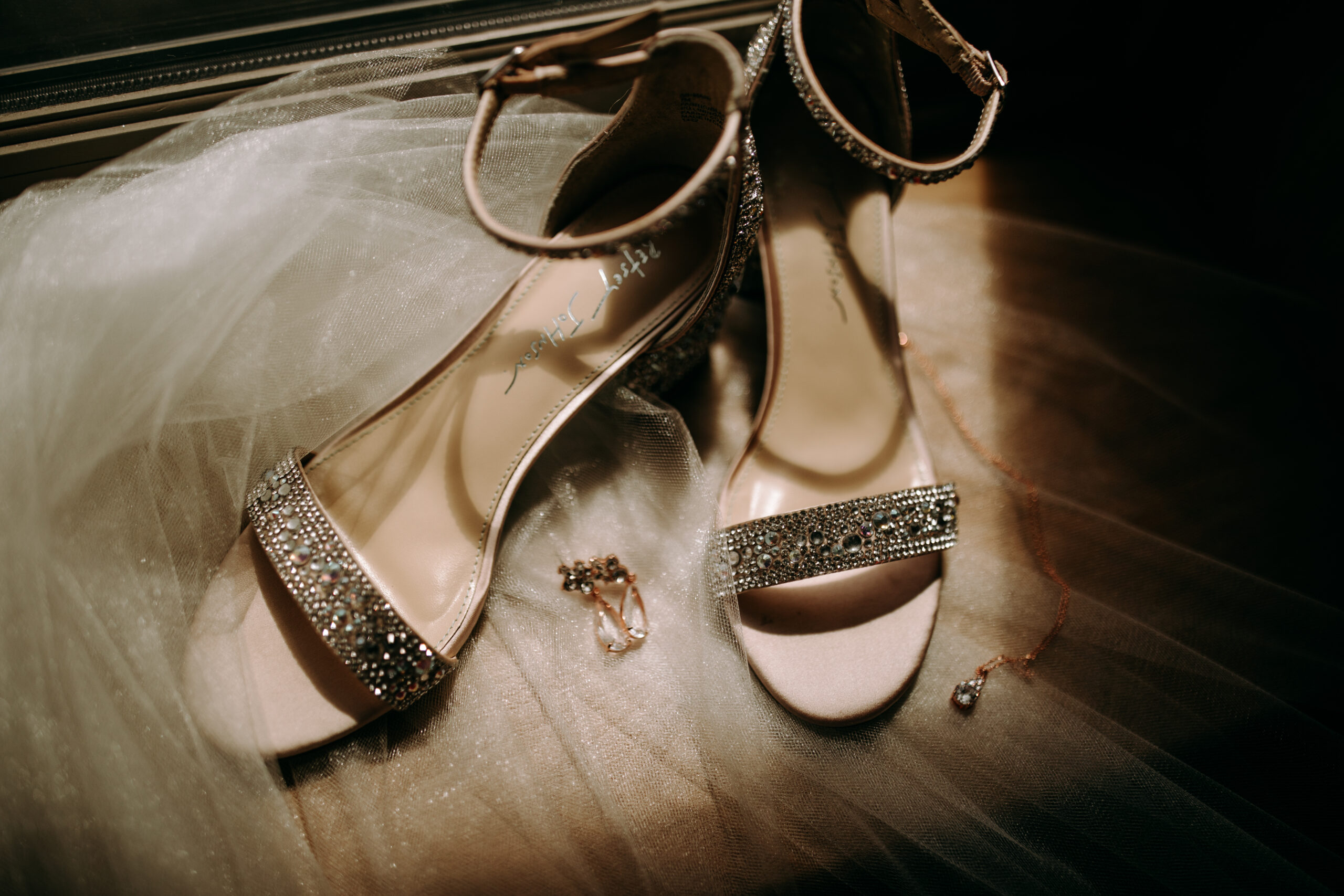 Sparkly wedding shoe and necklace detail flatlay photo 
