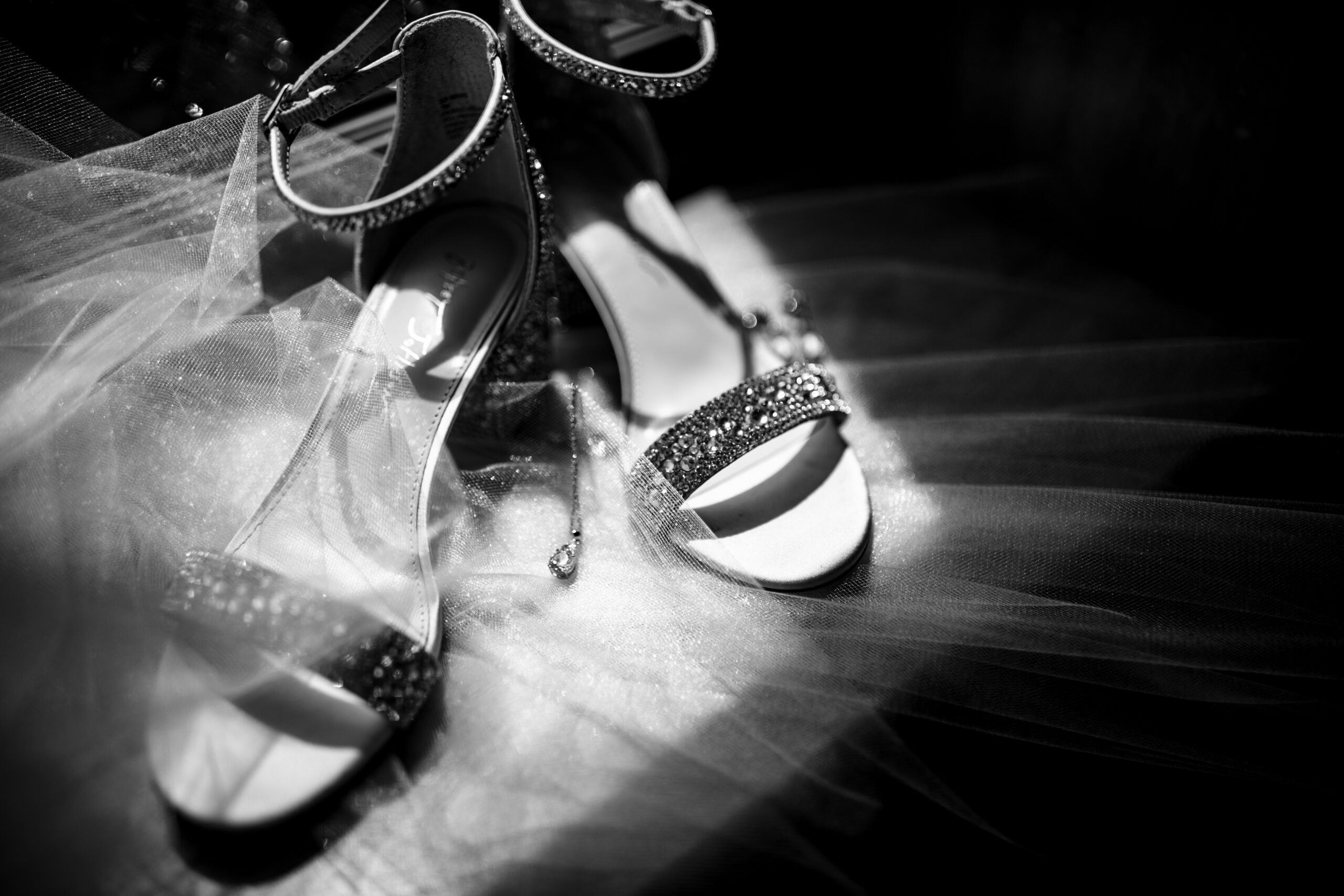Sparkly wedding shoe and necklace detail flatlay photo 