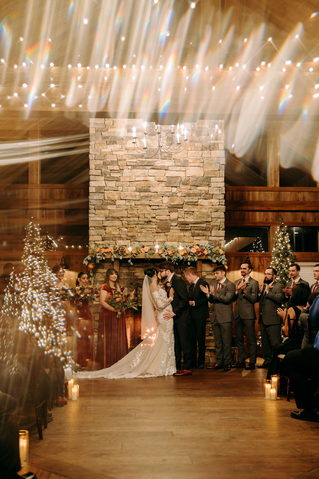 lodge winter wedding ceremony first kiss in new hampshire lodge venue