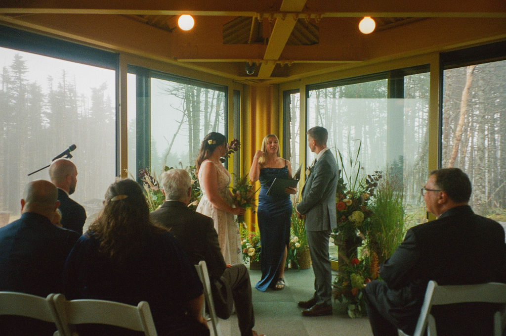 film portrait of ceremony for two brides at The Nest at Saddleback Mountain Ski Resort in Rangeley Maine for a wedding ceremony